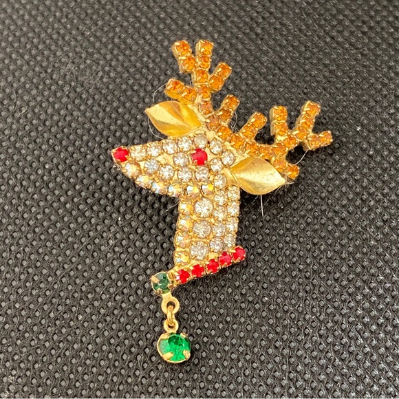 Vintage Kirks Folly Rudolph the Reindeer Head Rhinestone Pin - Picture 3 of 4